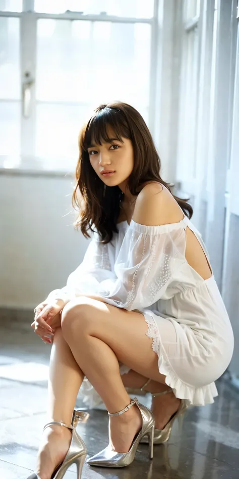Overlooking the Kingdom of the Night , Medium Long Brown Hair Fluttering in the Style , bangs , White Off Shoulder Sheer Lace Super Mini Dress, Sophisticated Person , Light Gray Pantyhose Full of Transparency and Shiny , Cute White High Heels...