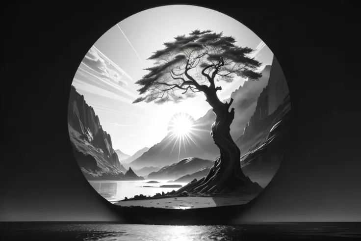 line art, beautiful, stylish, black and white color, tree, leaf, water, sun, high detailed, high quality, masterpiece,