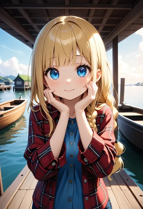 Create high quality images featuring a radiant blue eyed Icelandic girl with blonde hair in long single braid, loose strands framing her face, and fringe bangs。She has a beautiful face with a cute nose and is a shortstack and petite fisher.。Wearing a pract...