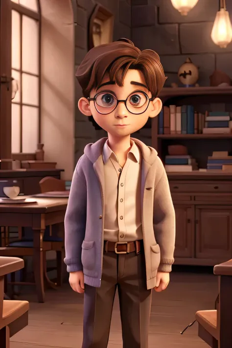  A thin and small boy ，Pale face， wearing a pair of big, round glasses， with messy dark hair ，This is Harry Potter 。《 Harry Potter and the Philosophers Stone 》Single