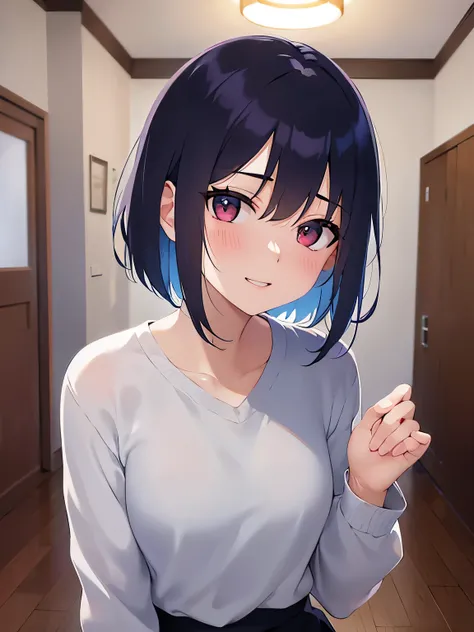 upper body,open arms,
(pale skin:1.2), shiny skin, shiny hair、(A 40-year-old woman:1.5) and (bob cut) and (hair between eyes) and (black hair) and (red eyes), 
White long sleeve shirt
(blush:1.5),smile,
The background is the living room at night、（alone:1.5...