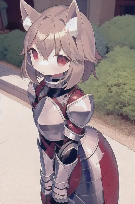 cute young woman, adorable face, short very light brown hair,  dull red eyes, armor, armored, full plate armor silver armor, massive breasts, lithe physique, fox ears, chibi, fantasy