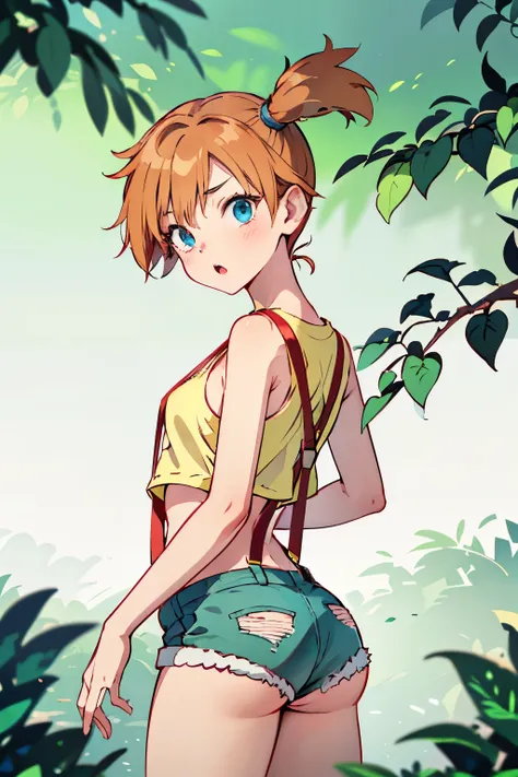 misty from pokemon, 1 girl,alone,g-string denim ripped short shorts with holes ripped in them, surprised expression, clavicle ,n...