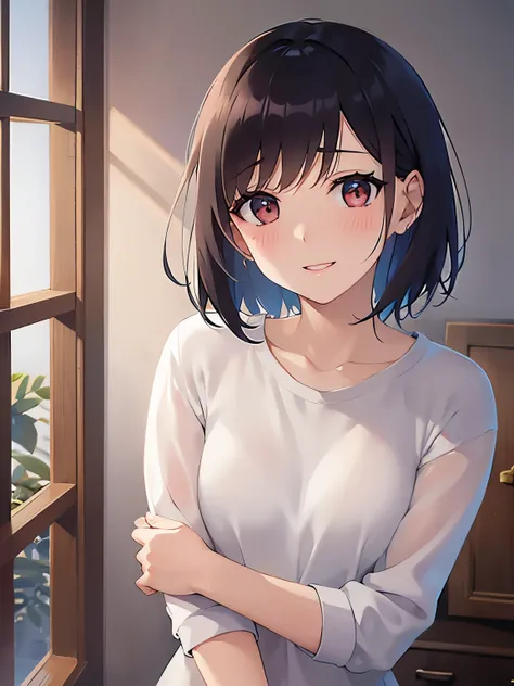 upper body,open arms,
(pale skin:1.2), shiny skin, shiny hair、(A 40-year-old woman:1.5) and (bob cut) and (hair between eyes) and (black hair) and (red eyes), 
White long sleeve shirt
(blush:1.5),smile,
The background is the living room at night、（alone:1.5...