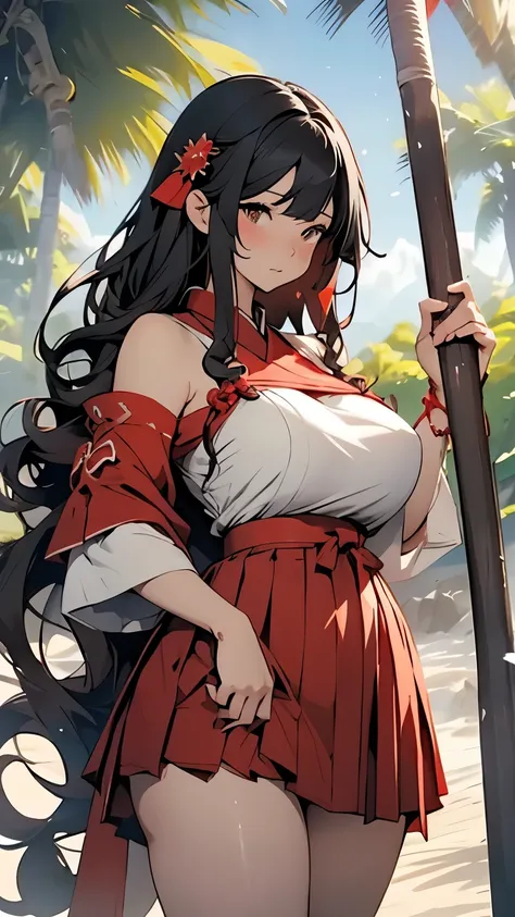  red pleated skirt、Black Hair、Huge breasts、 wide hips、Thick thighs、Camel toe、White Shrine Maiden Clothing、 red micro panties、 white pleated skirt on a quiet tropical beach、Holding a naginata、shimenawa and forest background 