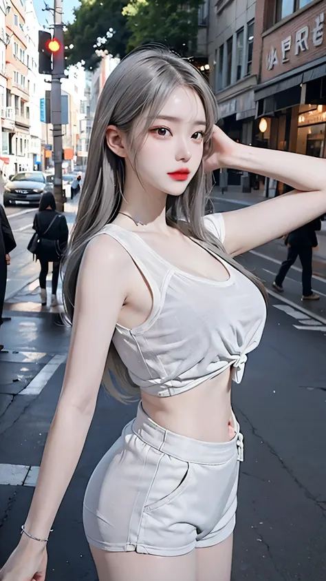 gauze，Lace，Lace连裤袜，高跟鞋Urban  beautiful  girl college student, masterpiece, Light makeup, Red lips, Silver Hair, Messy long hair, Street background,  beautiful , Elegant. Ultra-fine details,  owners work ,  realistic texture, Movie Lighting Realism, Perfect...