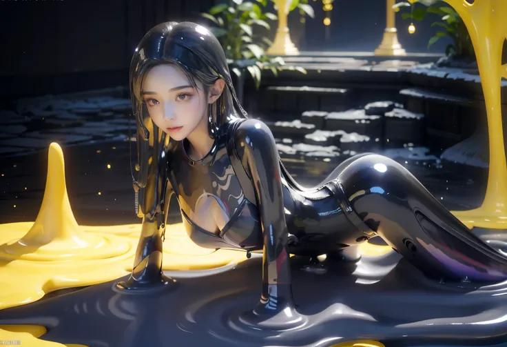   woman in a shiny black latex catsuit,   black suit made of melted slime  ,   the melted slime sticks perfectly to the skin ,   wear melted slime tights  ,  slime that melts on the skin , (((Light Theme, Exposure theme , Sexy Theme))),  Im wearing a black...