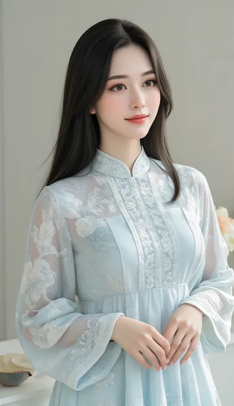 Portrait of a 23-year-old Korean lady with an air of timeless elegance and serenity. Her mane of long hair flows naturally, conjuring images of graceful poise and the enduring charm of femininity. She is clad in a fresh and vibrant ensemble,  recorded the ...