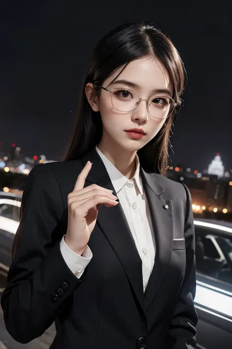 A beautiful woman. Detailed drawing of the face.She is twenty-five years old. She wears silver-rimmed glasses and has a cool vibe. She is wearing a black business suit. She holds a foldable smartphone in one hand. A night city exists in the space behind he...