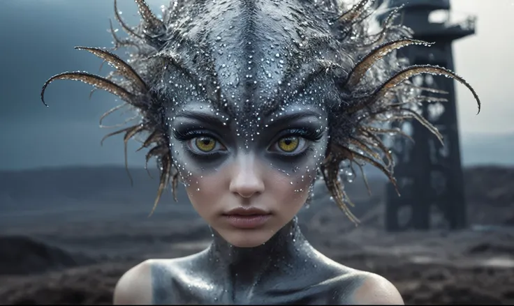 pretty face,eyebrow up,full body length,hei hei, niobium fairy girl,full body length shot,graphite The Alien Entity, baby, after war,full body shot,The iris looks weird, attractive, The stars in space is reflected in the pupil, goose down eyelashes, long w...