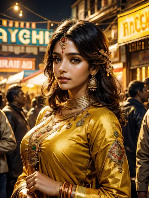 beautiful lady in a vintage indian market, intricate indian clothing, vibrant colors, warm yellow lighting, bustling crowd, cinematic atmosphere, fantasy landscape, detailed portrait, photorealistic, 8k