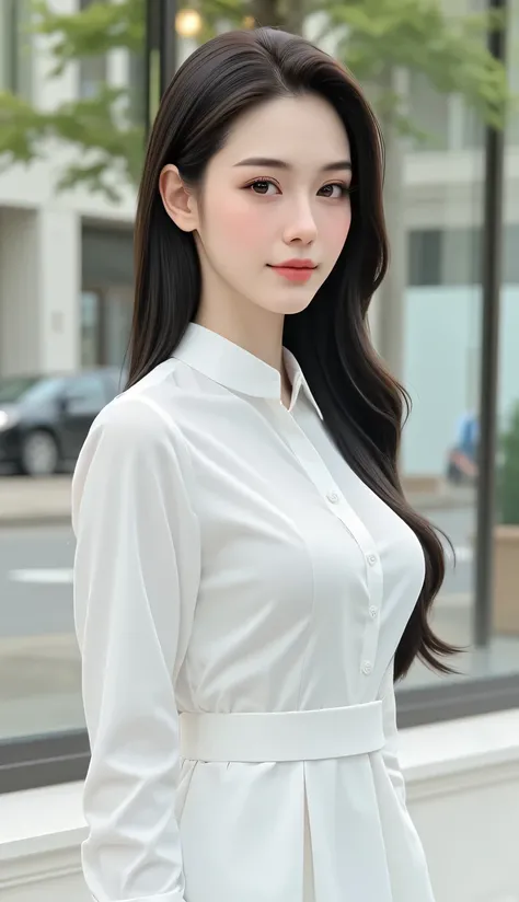 Portrait of an elegant 29-year-old Korean woman, her long hair styled with grace and poise, flowing effortlessly down her back. Dressed in a minimalist white dress, she embodies simplicity and sophistication. Her expression, adorned with a gentle smile, ra...