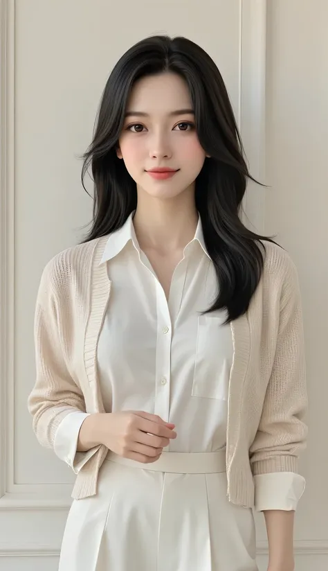 Portrait of a sophisticated Korean lady, aged 27, with cascading black hair styled in an understated yet elegant fashion, framing her engaging eyes. Her smile radiates warmth and grace, complementing her attire of loose-fitting dress shirt coupled with a p...