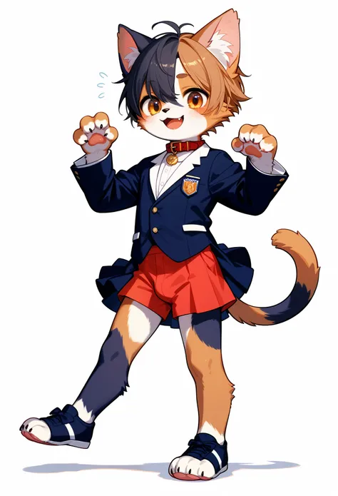 Super high resolution, detailed background, Kemoshota, short height, flaccid furry body, 7years old, innocent kindergarten furry boy, calico cat boy(white, brown, black marbled fur), furry actor boy, tail, smile and acting, embarrassed, furry ears, collar,...