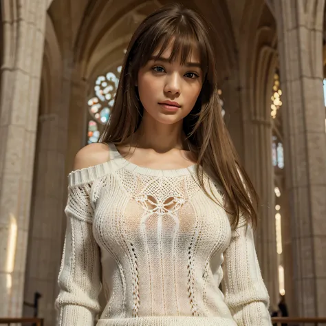 Beautiful Russian girl, long thick hair, golden blonde, bangs, beautiful eyes that convey details, beautiful lips that convey details, sexy doll, full body shot, wearing knitted yarn jumper, white fabric, with the Basilica of the Sagrada Familia as a backg...