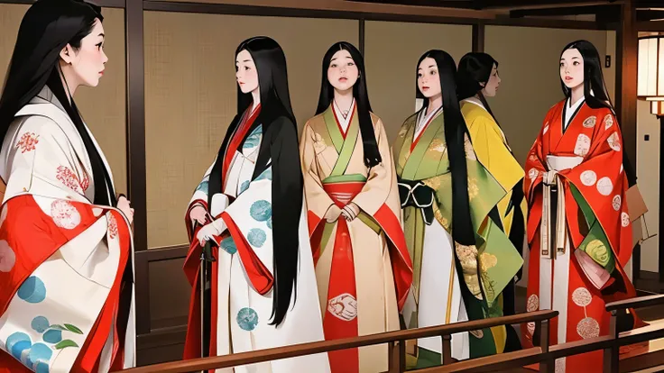 (5 girls are )、( wearing 12 singles with different designs)、( in a vertical row :1.2)、(Corridorを進んでいる)、Straight Long Black Hair 、Open bellflower、(Corridor)、  Japanese Garden 、Detailed Description、Best Quality、  High Resolution  、masterpiece、wallpaper、8k、