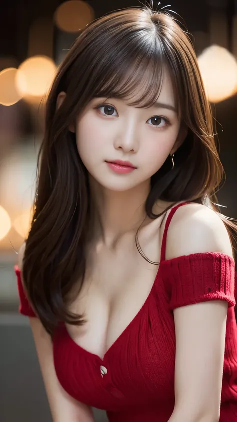 The pieces fly、Best Quality、figure、 Very detailed、 Sex、  High Resolution 、8k Dende wallpaper、完璧なダイナミックな構figure、28-year-old beauty、Clear、 detailed beautiful faces、Beautiful, detailed eyes、Textured skin、A faint smile、Small breasts、red knit dress、Neon lights、...