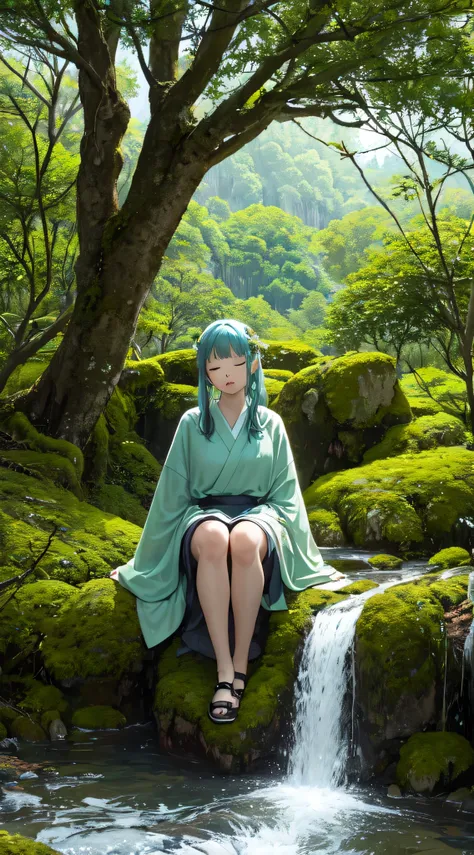 High Mountain々flowing water， A mossy statue of nature is sleeping on the hill，Movie special effects，green Mountains and green Water，ln the forest，Except for the face，Vine， her body was almost assimilated , tree branch , tree々Wrapped in,  part of forest and...