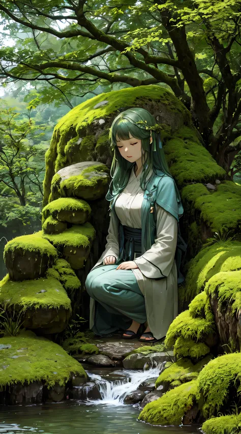 High Mountain々flowing water， A mossy statue of nature is sleeping on the hill，Movie special effects，green Mountains and green Water，ln the forest，Except for the face，Vine， her body was almost assimilated , tree branch , tree々Wrapped in,  part of forest and...