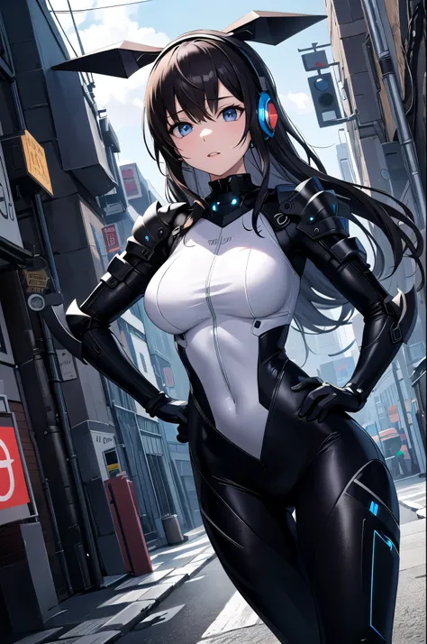 (masterpiece, best quality, detailed), 1girl, solo, looking at viewer, mizuki yukikaze, hair ribbon,
stealthtech, cutting edge, scifi, bodysuit, shoulder armor, interface headset, sleek angular, alleyway, industrial pipe, building, urban, power lines, clou...