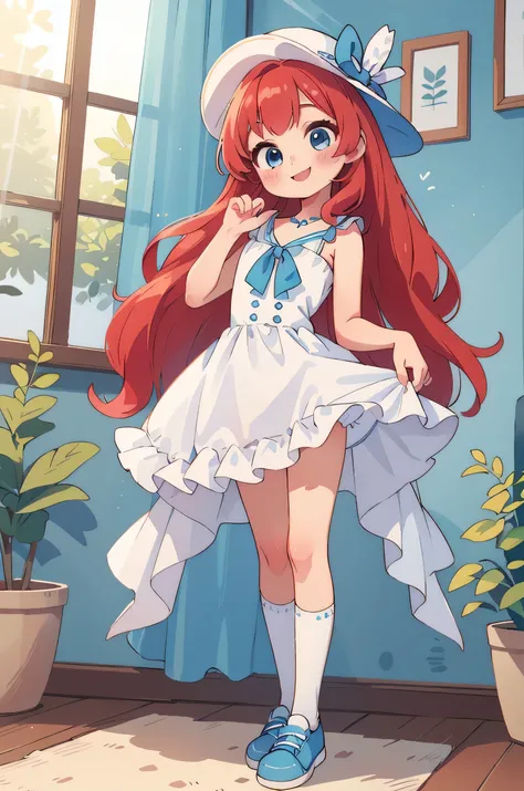 (masterpiece, best quality), 1girl, blue and white frill dress, (white stockings),red hair, two ponytails, blue eyes, cute dog hat, sexy pose, blue and white shoes, smile, coquette, lovely, gorgeous body, standing, indoor, intricate detail, sunlight.