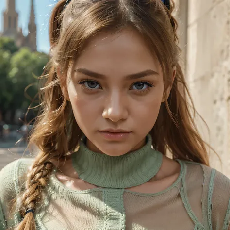 Beautiful Russian girl, golden blonde ponytail, ponytail, beautiful eyes that convey details, beautiful lips that convey details, sexy doll, full body shot, wearing knitted yarn jumpsuit, pastel green fabric, with the Cathedral of the Sagrada Familia As a ...