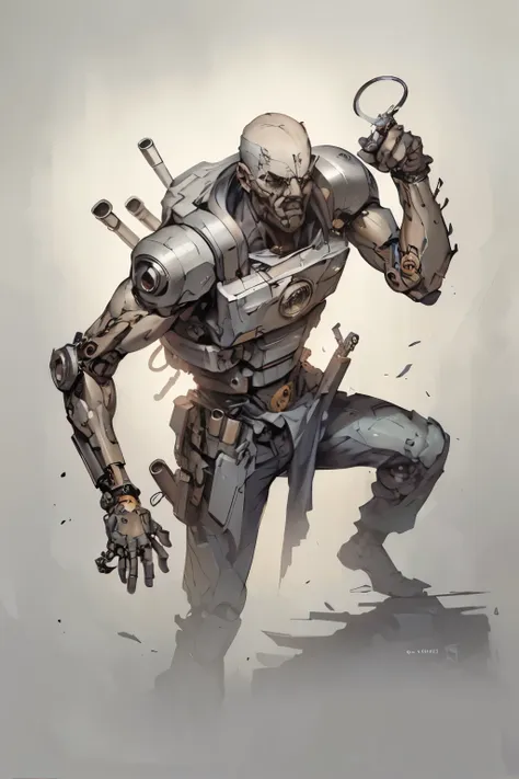 a soldier with prosthetic limbs,a hand that launches a grappling hook,highly detailed cyborg,mechanical arm,intricate machinery,...