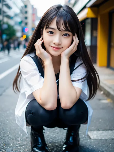 (Best-quality, Masterpiece, Ultra-High-Resolution, (Photorealistic:1.4), Raw Photo, depth of field, professional lighting), (1girl, (((15-years-old))), the most famous Japanese idol), ((wearing extremely realistic fashionable-clothes with stylish-design)),...