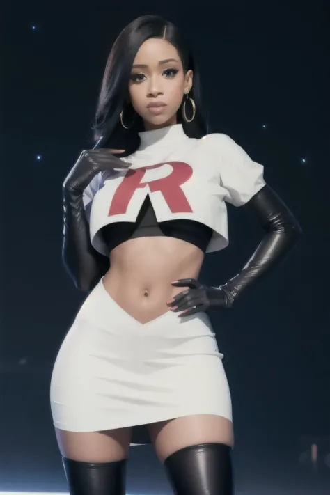 The face of cardib, team rocket,team rocket uniform,white skirt,red letter R,crop top,black thigh-highs,black elbow gloves, night sky background, earrings, large breasts, 2 girls