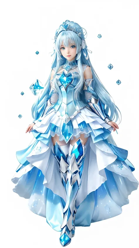  anime girl in a blue and white crystal dress and blue crystal shoes, Ice crystal armor,  cute waifu anime in a nice dress , pale blue armor , Goddess of anime, glossy White armor, cyan white , Ice Sorceress, bright white skin, beautiful fantasy anime, Cry...