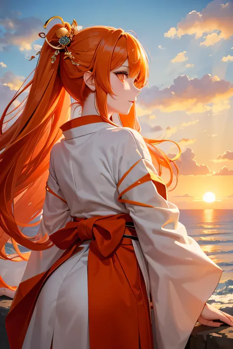 Orange eyes, brave goddess, long orange hair, white kimono, cliff top, rising sun, strong wind