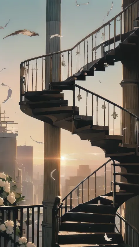 (((Masterpiece, top quality))), (((32K wallpaper))), (((rusted and collapsed spiral staircase outside))), best detailed background, (((no humans))), (((sunset)))), (((white flowers on spiral staircase outside)))), various angles, (((gorgeous light leak )))...