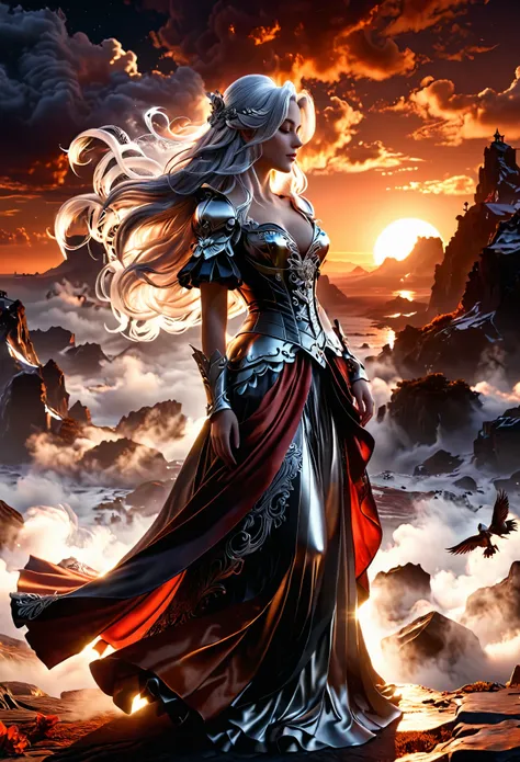  a peaceful fantasy game character standing on the side,  ornate art dress , recording, income, leather, sunset, soft body, loose hair, shadow play, top view, light, mist,  melancholic nighttime ,  shiny silver hair ,  earthy art , Vivid, red, creme, brown...