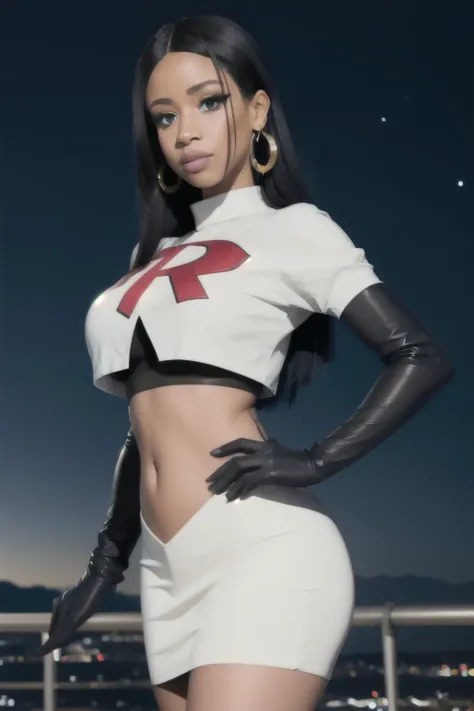 The face of cardib, team rocket,team rocket uniform,white skirt,red letter R,crop top,black thigh-highs,black elbow gloves, night sky background, earrings, large breasts, 2 girls