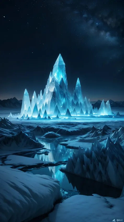 a detailed fantasy landscape of a crystalline world, ice mountains made of glass, night sky, desert of ice, (best quality,4k,8k,highres,masterpiece:1.2),ultra-detailed,(realistic,photorealistic,photo-realistic:1.37),cinematic lighting,dramatic composition,...