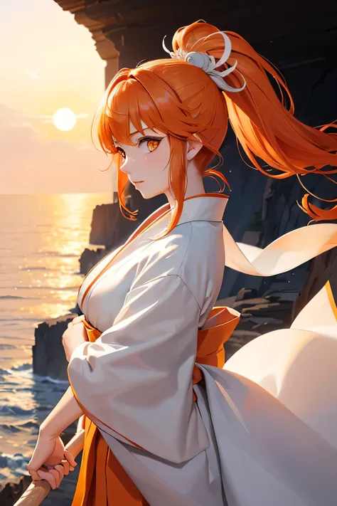 Orange eyes, brave goddess, orange ponytail, white kimono, cliff top, rising sun, strong wind