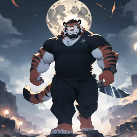 hairy,(red fur:1.3), tiger ，(Black-rimmed glasses:1.3)，beard，male, full body picture, dynamic poses, detailed background, Very detailed, lifelike, masterpiece, starry sky, warrior, Black Ninja Costume, barefoot, Visual audience, Cold expression, ((Hold a w...