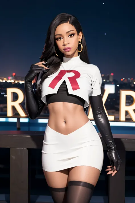 The face of cardib, team rocket,team rocket uniform,white skirt,red letter R,crop top,black thigh-highs,black elbow gloves, night sky background, earrings, large breasts, 2 girls