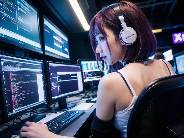 Very young kpop idol girl, White skin,coding, full code on computer, hacker style,sitting on、Seen from the back、,Pale purple, Dark, hair around ears, Purple hair, computer screen ,cables, Retro, Cyberpunk, data center background, dark red blue purple theme...