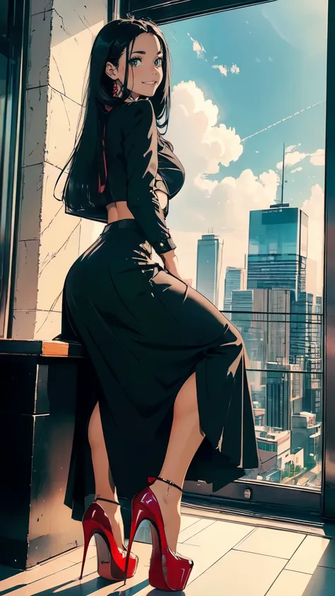 ((masterpiece, high resolution, better quality, better details)), ((Smiling)), ((one girl)) a girl sitting in the office, full body, maxi skirt, long skirt, ((long skirt without openings)),((louboutin high heels)), green eyes , ((black hair, long hair)), s...