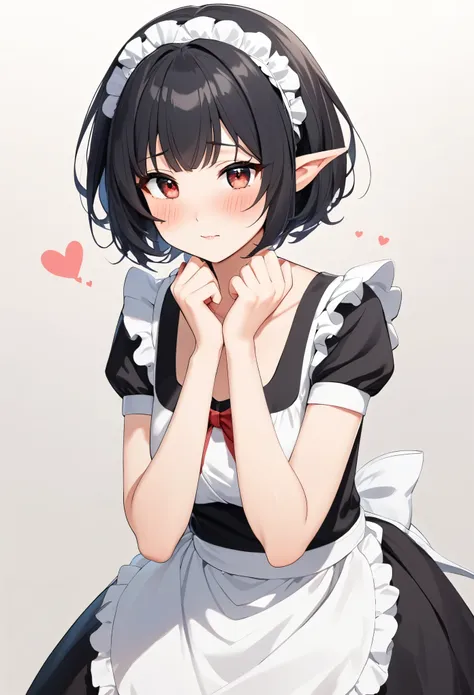 1girl, elf, wearing maid bikni, bashful expression, blushing red, short hair, gray eye color, (black hair color)1girl, elf, maid...