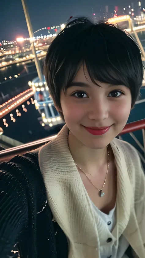 ｟Smile 1.6｠  closeup shot、 staring at the viewer 、18 years old、Black Hair、 pixie cut、 cardigan、Night view、（ Inside the Ferris wheel ）、Selfie