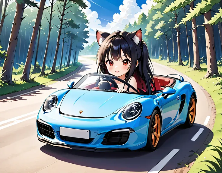 long black hair, cat ears, fringe、 Beautiful girl with red eyes 、 Driving a red Porsche through the woods 、Running image 、splash art、 Chipmunks and rabbits are watching、 Representing the entire car 、blue sky、white cloud、 bright smile 、