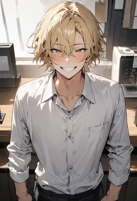 solo、 white flat background 、長袖のWhite shirt、piece、Business shirts、 businessman in a cafe、male、male性、Blondeの短髪、(masterpiece, best quality:1.2), (hyperdetailed face), (Super well-formed face)Alone,  Handsome Man 、male、Close your eyes、Grin、White shirt、Long sl...