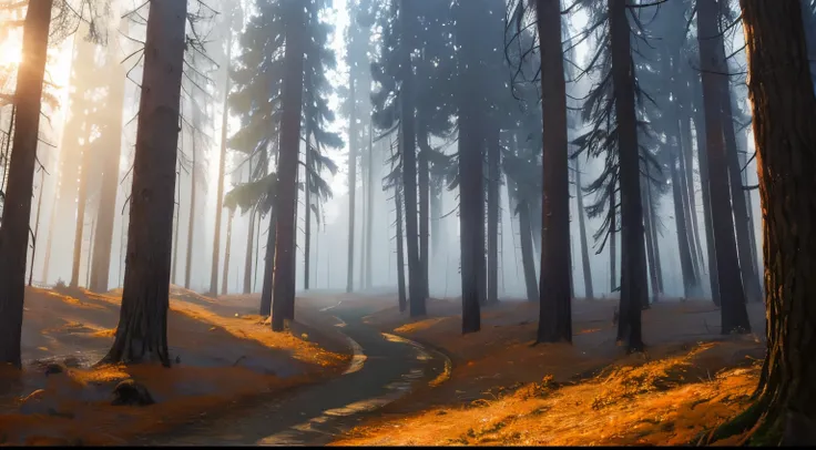 (masterpiece),  best quality, 8k,  octanelender , HDR, DSRL, A large forest full of pine trees , big pine tree,  Fog is rising through the pine trees , At dawn, without humans, Wet leaves , Wet leaves ,  The sun is shining through the fog ,  A small orange...