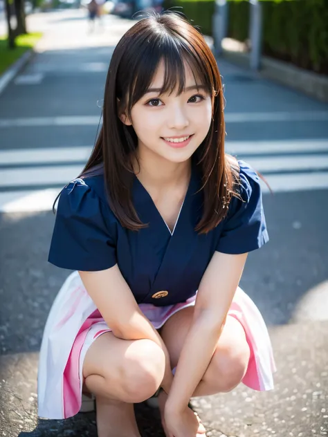 (Best-quality, Masterpiece, Ultra-High-Resolution, (Photorealistic:1.4), Raw Photo, depth of field, professional lighting), ((front viewer, from above)), (1girl, the most famous Japanese idol), ((wearing cutest casual-dress)), squatting at street, looking ...