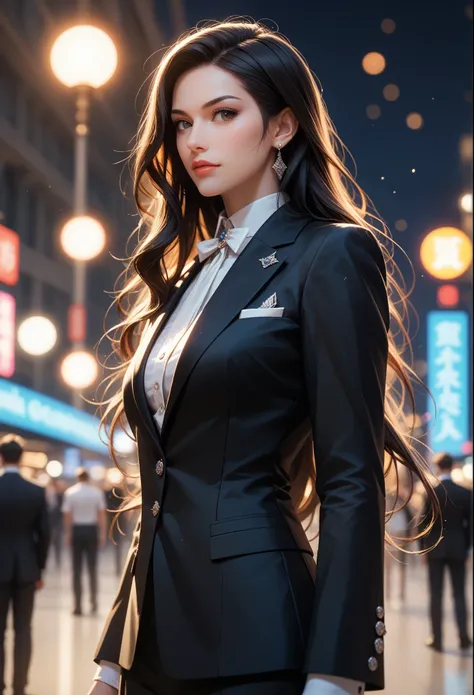 score_9, score_8_up, score_7_up, (masterpiece, UHD, 8K, 16K, ultra detailed), sfw, upperbody shot, 1girl, black hair, straight long hair, himecut, black tuxedo, catwalk, flashy light background, fashionista, (depth of field), bokeh, diffused light, dramatic ambient 