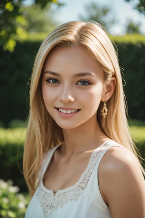 Id photo of a blonde girl, smiling, straight face, short chin, front facing the audience, the background is the garden, thorough, simulated style, eye focus, highest quality, (very detailed skin), perfect face, skin pores, (Bokeh: 0.6), clear focus, point ...