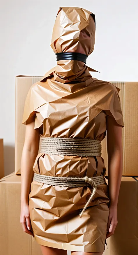 a faceless female figure wearing a makeshift smock made of crisp brown packaging paper, she is completely wrapped up from head t...