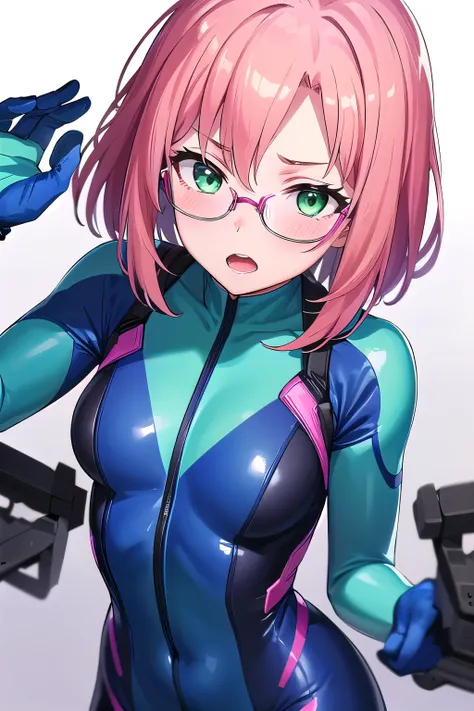 1girl,Samus aran,solo,green eyes, pink hair, forehead   hair, zero suit, body suit,purple stripes,cowboy shot,blush,,Science fiction,ultra-detailed,sharp focus,aesthetic,(best quality), white background, (ultra definition paint:1.2), sapphire blue harness,...